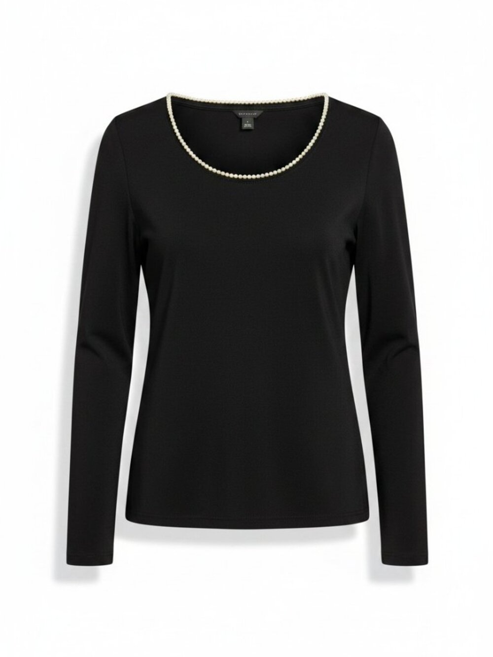Ann Taylor Black Long Sleeve Top with Pearl Trim